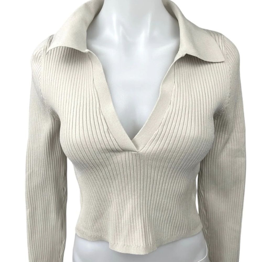 Aritzia Babaton Cream Ribbed Collared Blouse size extra small